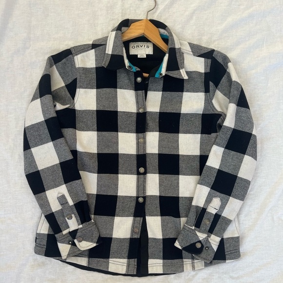 Orvis Plaid Fleece lined Shacket Button Down Top Flannel Black and White medium - Picture 2 of 16